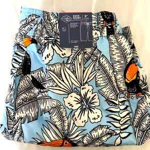 St. John's Bay NWT 9" Boardshorts, Tropical Toucan, Floral, Blue/White Size Med